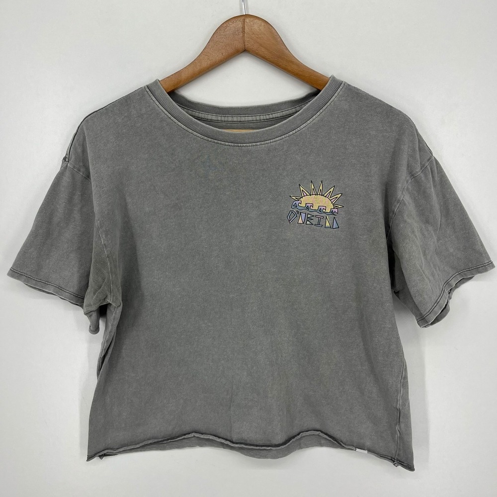 ONeill Womens Small Grey Graphic Crop Top Short Sleeve Raw Hem Palm Tree Sun